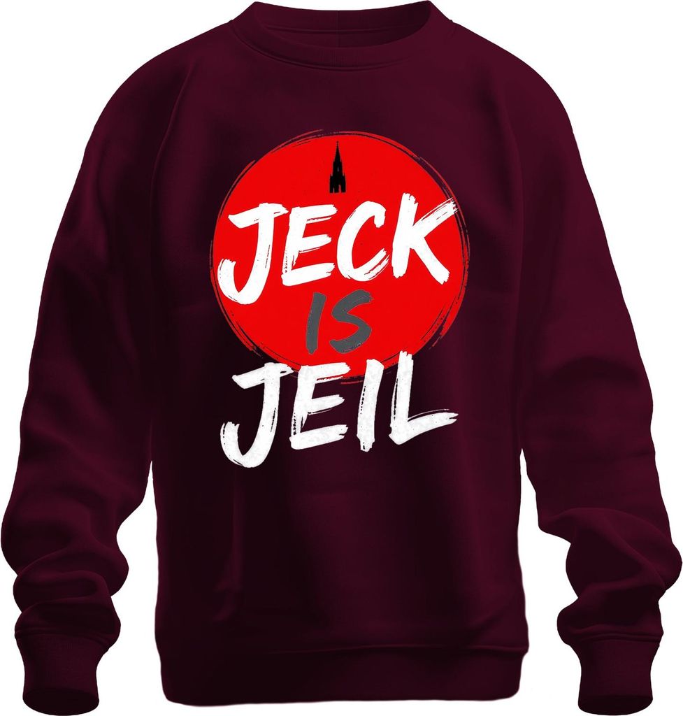 Jeck is Jeil Köln Karneval Kölsch Dom Fastelovend lustig Fasching Uni Sweatshirt Pullover, Burgundy, M