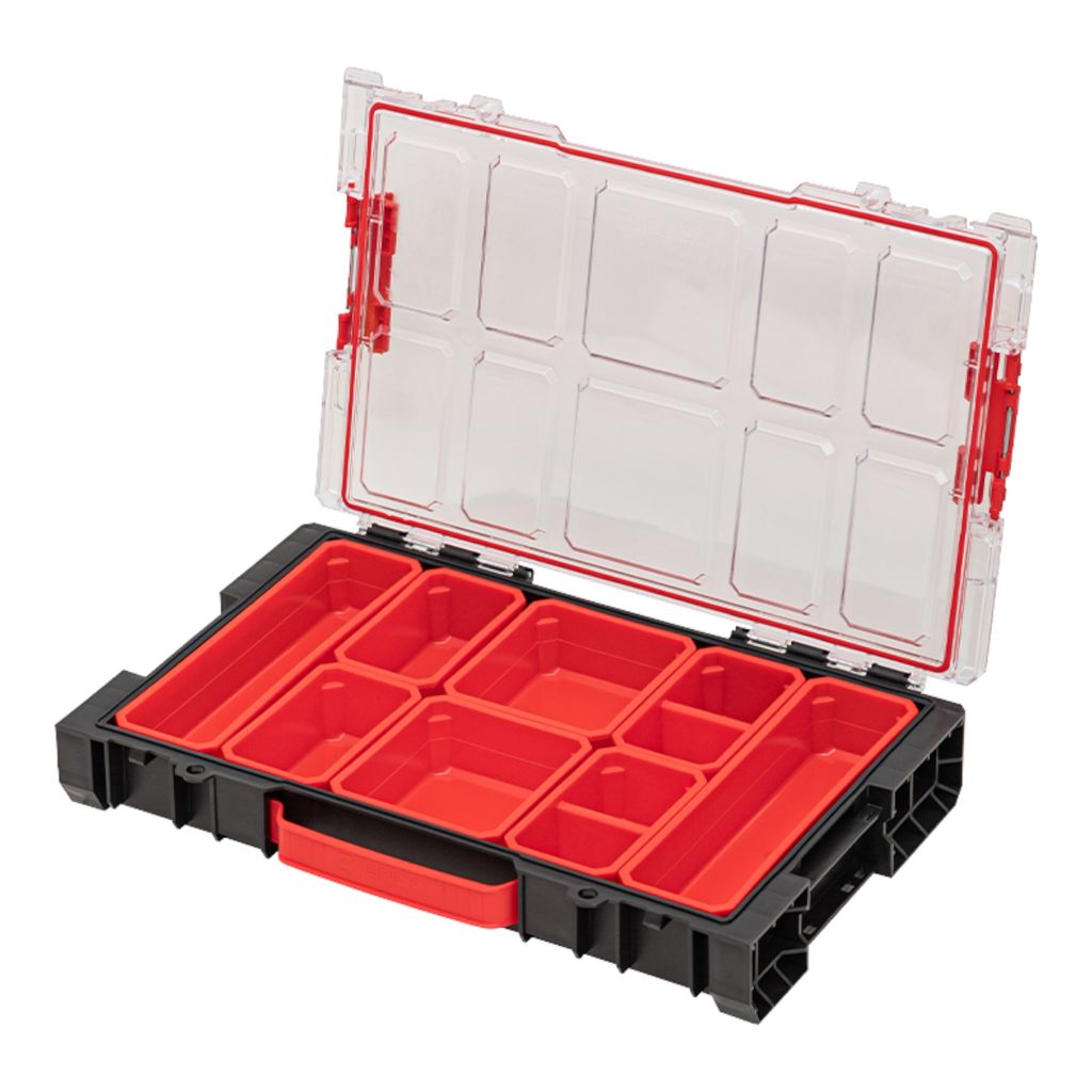An open black and red organizer box with a clear lid, showing multiple compartments.