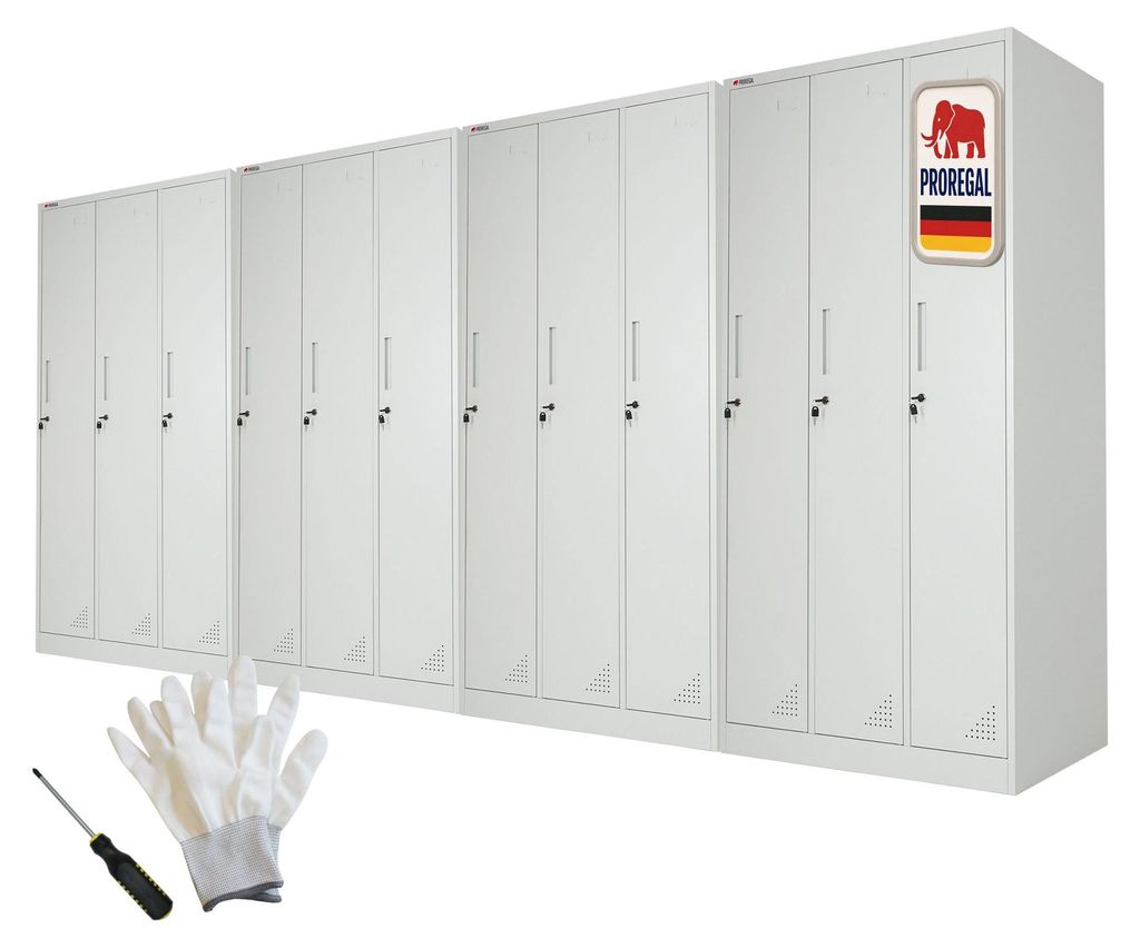 Mega Deal 4x Spind Schrank ELEPHANT Metall | 3 Abteile, abschließbar | HxBxT 180x90x50cm | mit Kleiderstange, 2 Fächern & 3 Kleiderhaken pro Abte...