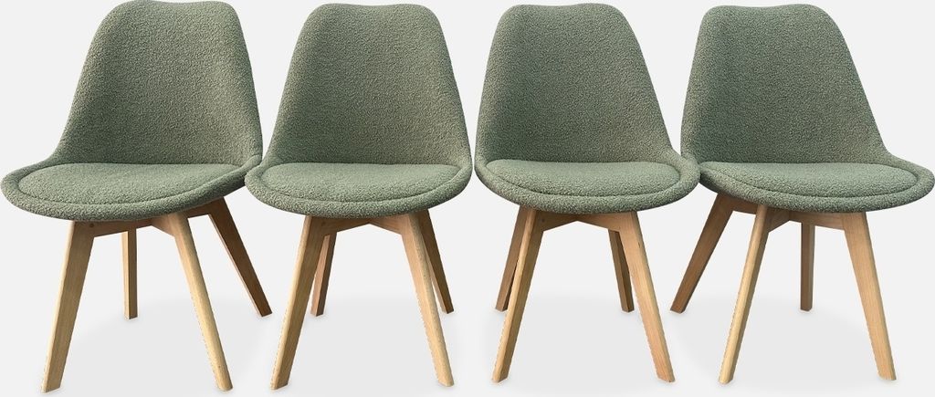 Four green chairs with wooden legs are arranged in a row against a white background.