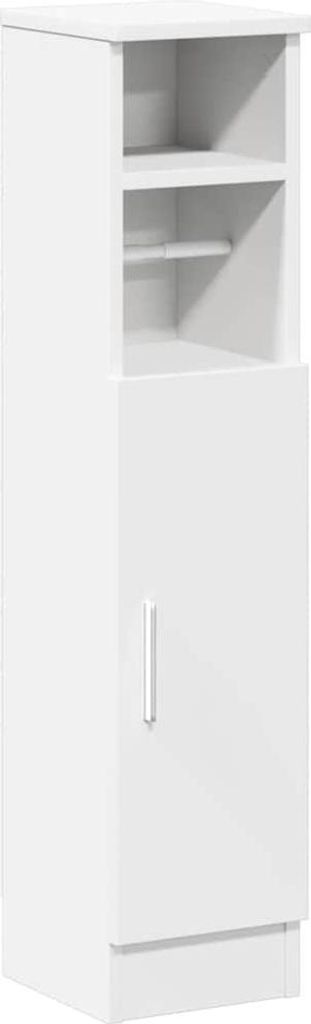 A white bathroom cabinet with a door and shelves.