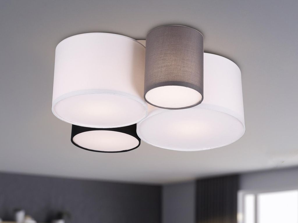 Ausgefallene LED Deckenleuchte 4x Stoffschirm, Wohnzimmer & Schlafzimmerlampe