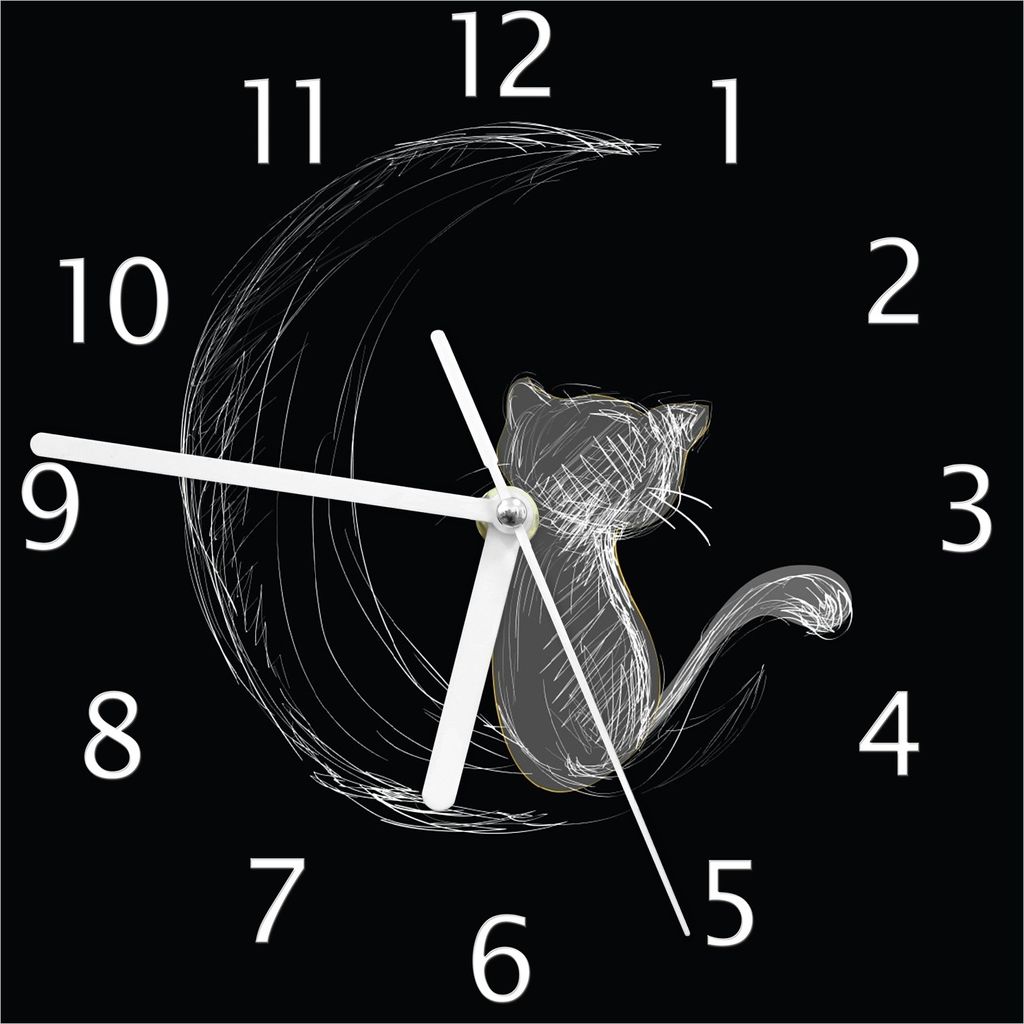 Wallario Design Wanduhr Katze sitzt auf dem Mond - illustriert in weiß auf schwarz aus Echtglas, Größe 20 x 20 cm
