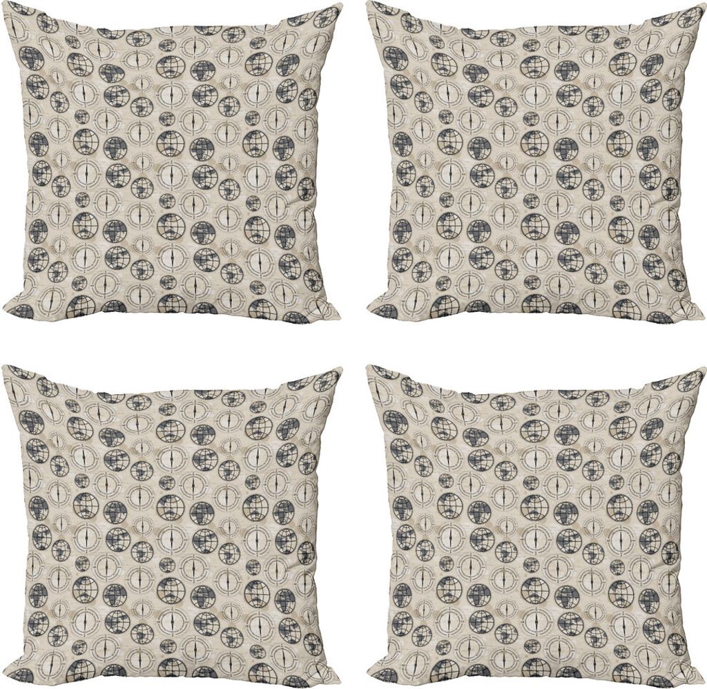 ABAKUHAUS Kompass Kissenbezug Set (4 Stück), Kontinente Muster, Moderner Doppelseitiger Digitaldruck, 40 cm x 40 cm, Schwarz, Grau, Tan