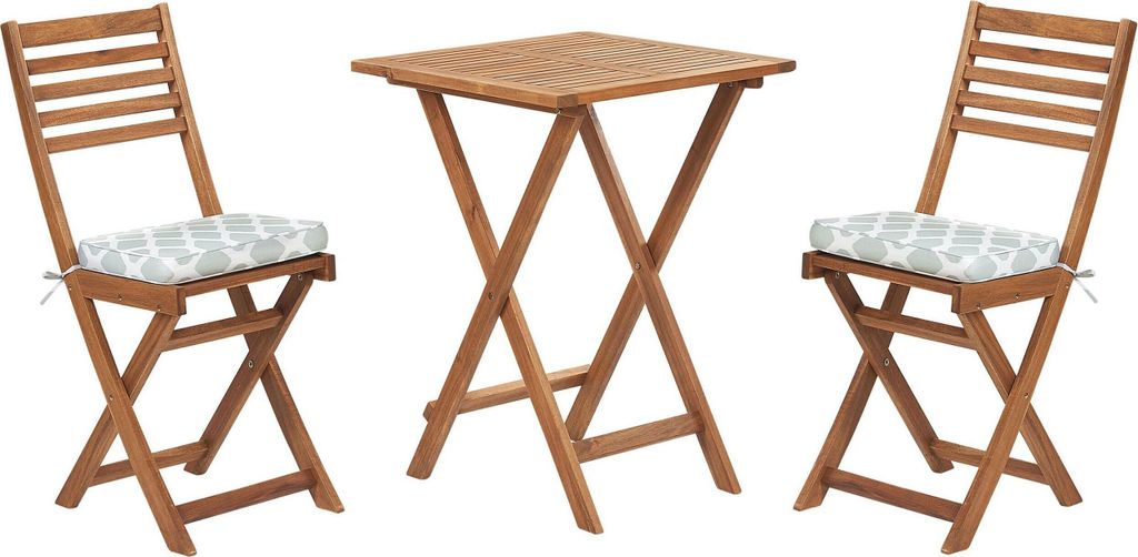 BELIANI Balkonset Braun Akazienholz 2 Stühle 1 Teetisch 2 Auflagen im geometrischen Muster Mintgrün Gartenmöbelset