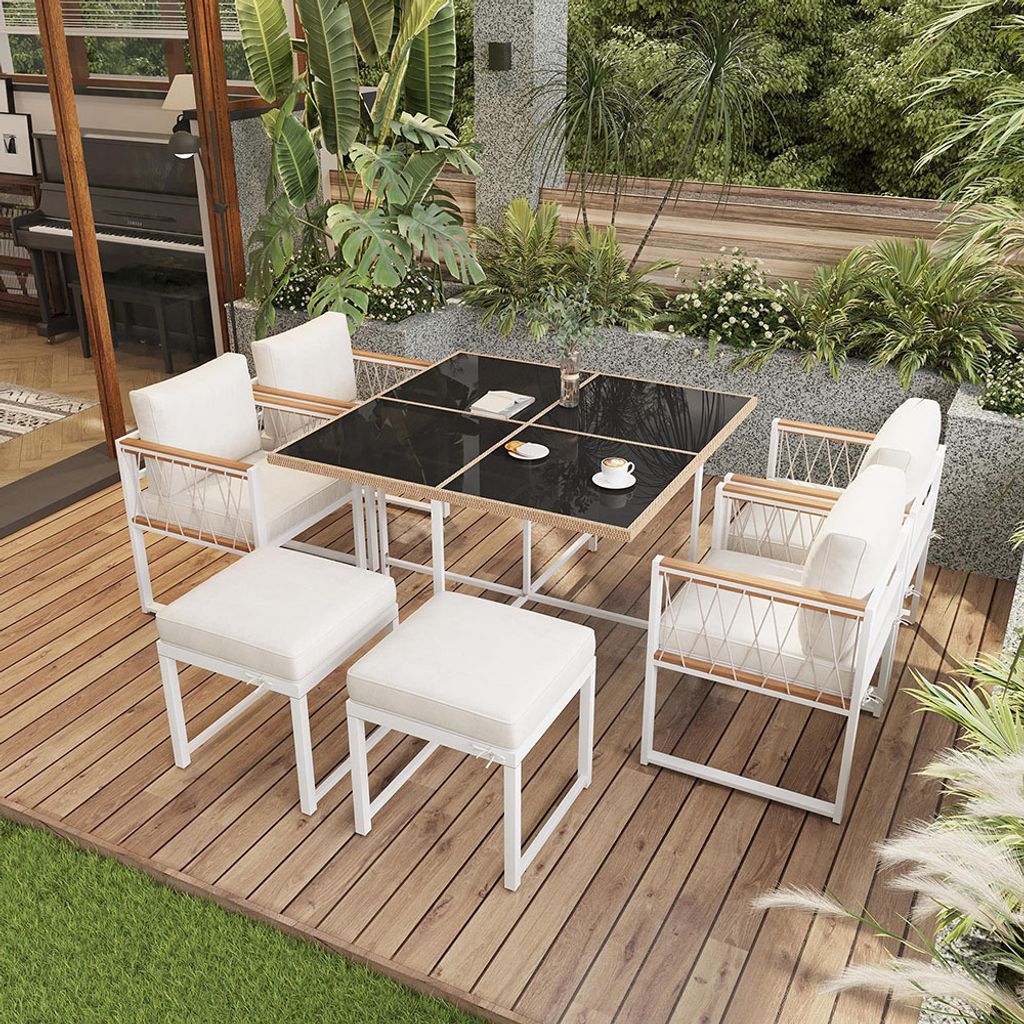 Sweiko Gartenlounge-Set,7-teiliges Esstisch- und Stuhlset für 6 Personen, Tisch aus gehärtetem Glas