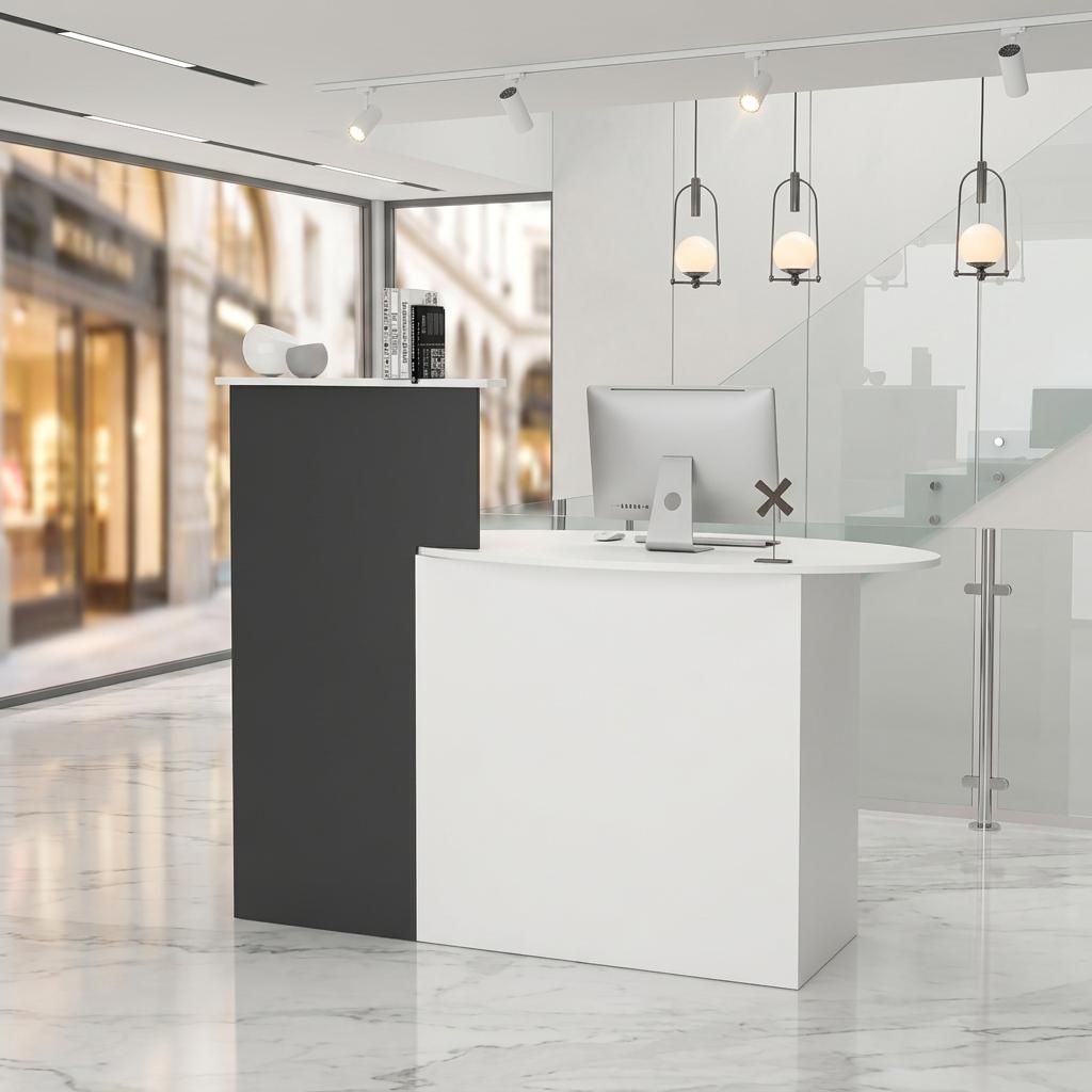 Empfangstheke mit offener Ablagefläche und 1 abschließbaren Schublade, Empfangstresen, Rezeptionstheke, Weiß + Dunkelgrau, MDF, 121 x 110 x 60 cm