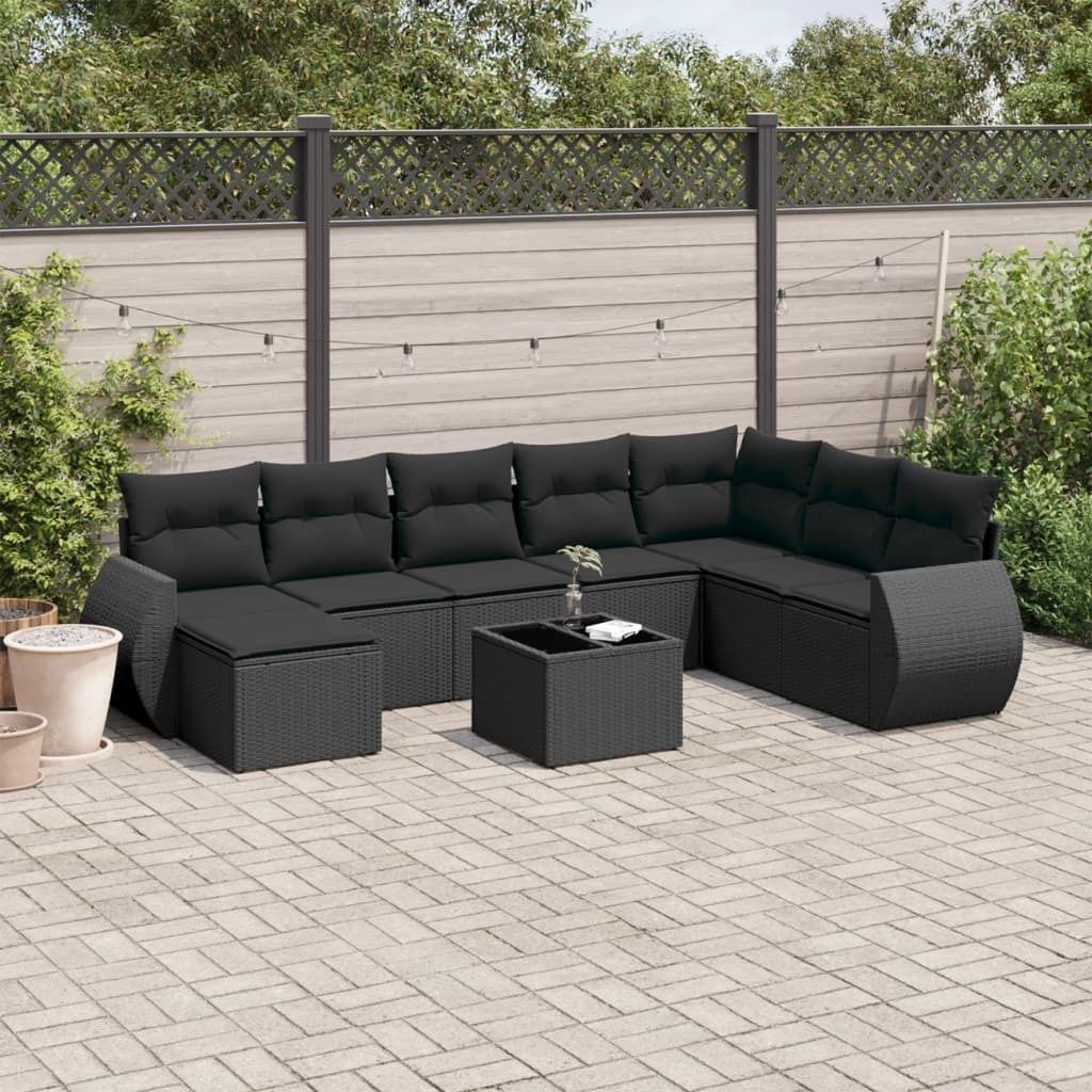 Design 9-tlg. Garten-Sofagarnitur mit Kissen Schwarz Poly Rattan, Gartenmöbel-Sets 2024 Neu