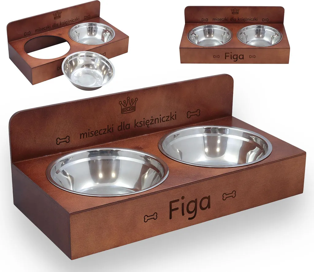 Set Ciotole Cani Design Legno Scuro | Rialzato e Personalizzabile