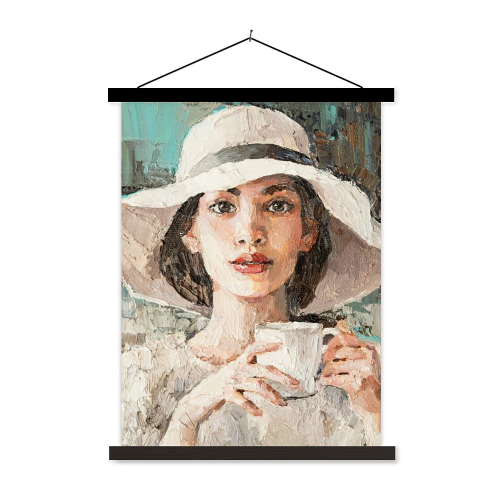 MuchoWow Textilposter Gemälde - Ölfarbe - Frau - Kaffee - Hut 90x120 cm mit schwarzem Rahmen - Dekoration