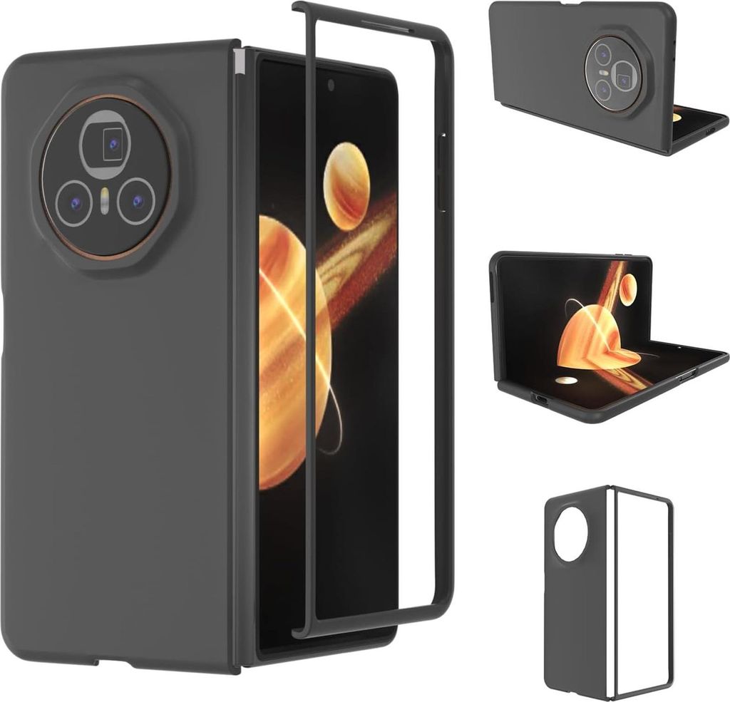 A collage of images showing a black silicone case for a foldable phone, including a close-up of the camera area, the phone in the case, and the phone unfolded with the case.