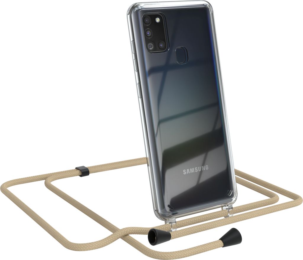 EAZY CASE Handykette kompatibel mit Samsung Galaxy A21s, Handyhülle mit Umhängeband, Handykordel, Schutzhülle Clear, Band in Blau