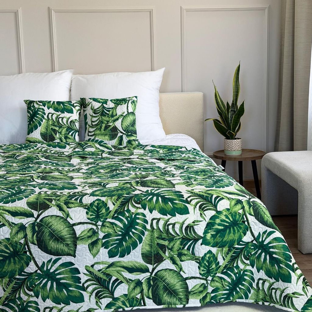 Tagesdecke Zweiseitige Bettüberwurf Allzweckdecke Steppdecke Weiß Grün Monstera Blätter (TAVIRA Jungle) 180x220+ 2x40x40
