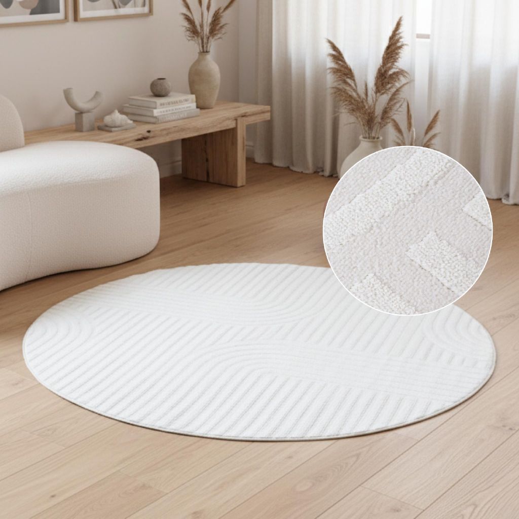 Tapiso Teppich HYGGE Modern Rund Weiß Wohnzimmer Schlafzimmer 200 x 200 cm