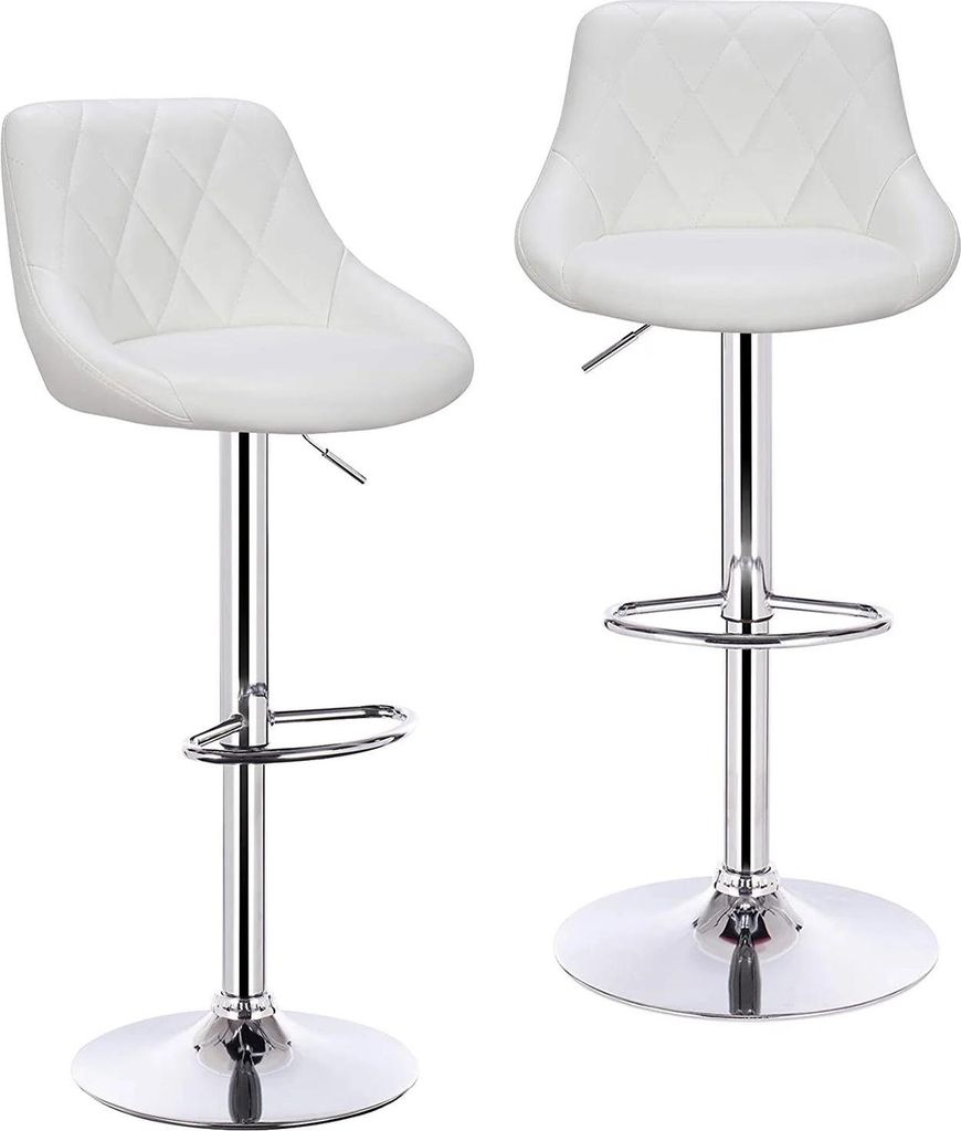 Barhocker 2er-Set - Drehbarer Barstuhl - Höhenverstellbar 84–106 cm - 360° Drehbar - Fußstütze - Verchromter Stahl - Kunstleder - Weiß