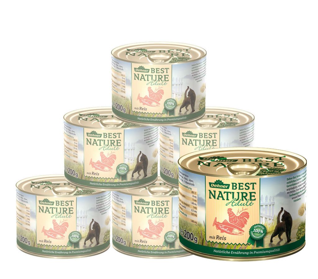 Dehner Best Nature Katzenfutter, Nassfutter, für ausgewachsene Katzen, Lachs / Huhn / Reis, 6 x 200 g (1.2 kg)