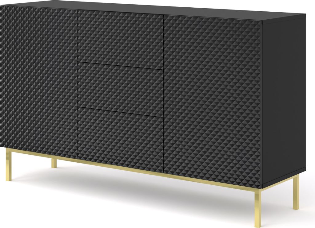 Kommode RAVENNA C 150 cm 2D3S rahmen SCHWARZ MATT / SCHWARZ GLANZ Diamantförmiger Fräser Sideboard MDF 2 Türen 3 Schubladen Highboard Schrank of...