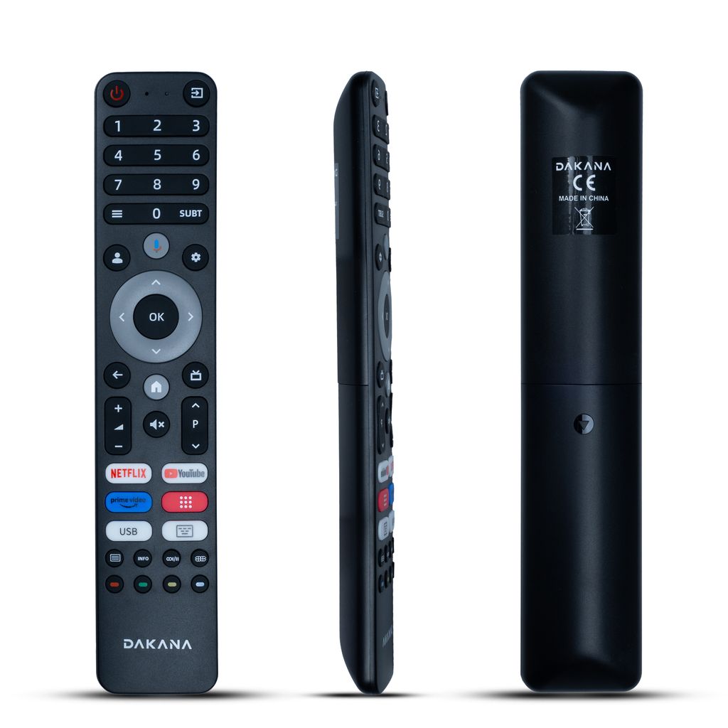 Three views of a black remote control against a white background.