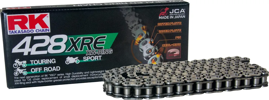 Chaîne de transmission moto RK 428XRE renforcée 138 maillons clips