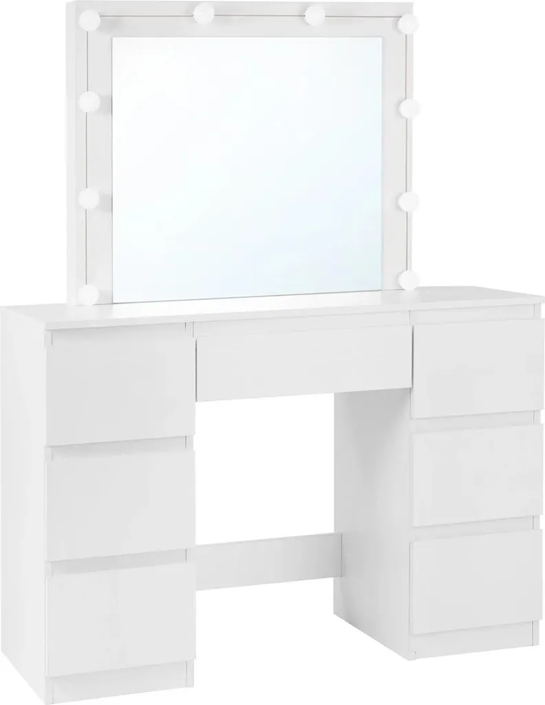 Grande table de maquillage blanche avec 7 tiroirs et miroir LED intégré
