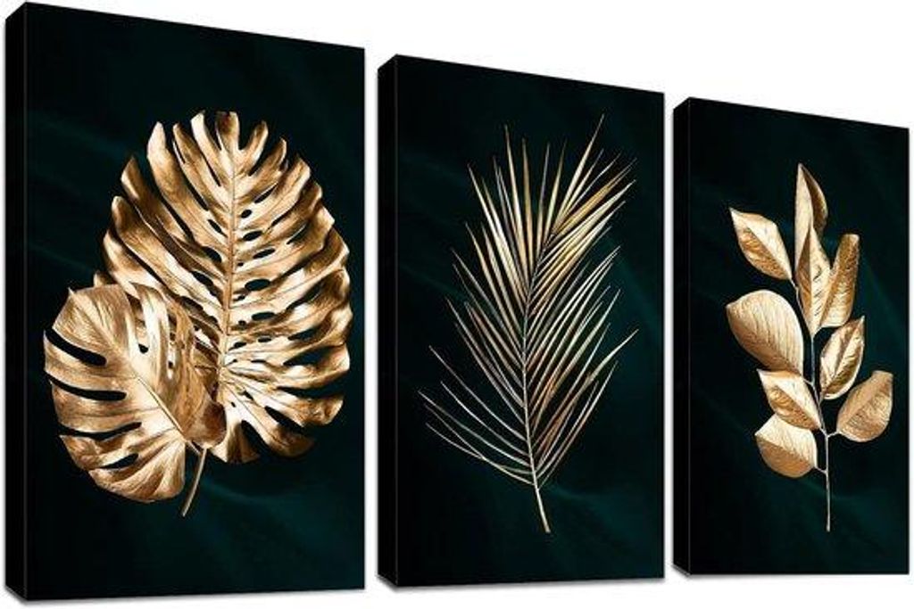 Abstrakte Wanddekoration mit 3 Paneelen - HD-Druck - 120 x 60 cm - Goldene Monstera-Blätter