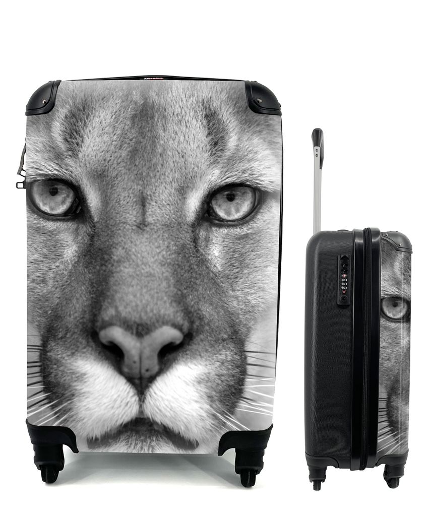 MuchoWow Koffer Handgepäck Trolley Rollkoffer Kleine Reisekoffer mit 4 Rollen - Panther - Wildlife - Schwarz - Weiß - Cabin Size < 55x40x23 cm ...