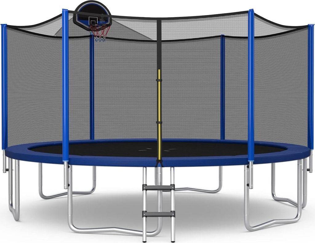 COSTWAY Ø366cm Trampolin mit Basketballring, Sicherheitsnetz Gartentrampoline mit Reißverschluss und Schnallen, 7 Stangen, Netzhöhe 180 cm