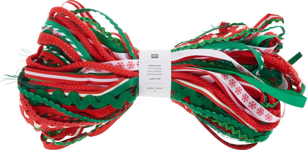 Rico Design Bänder Set Lucky Dip Rot Grün 30 Stück 1m Länge Geschenkband Deko
