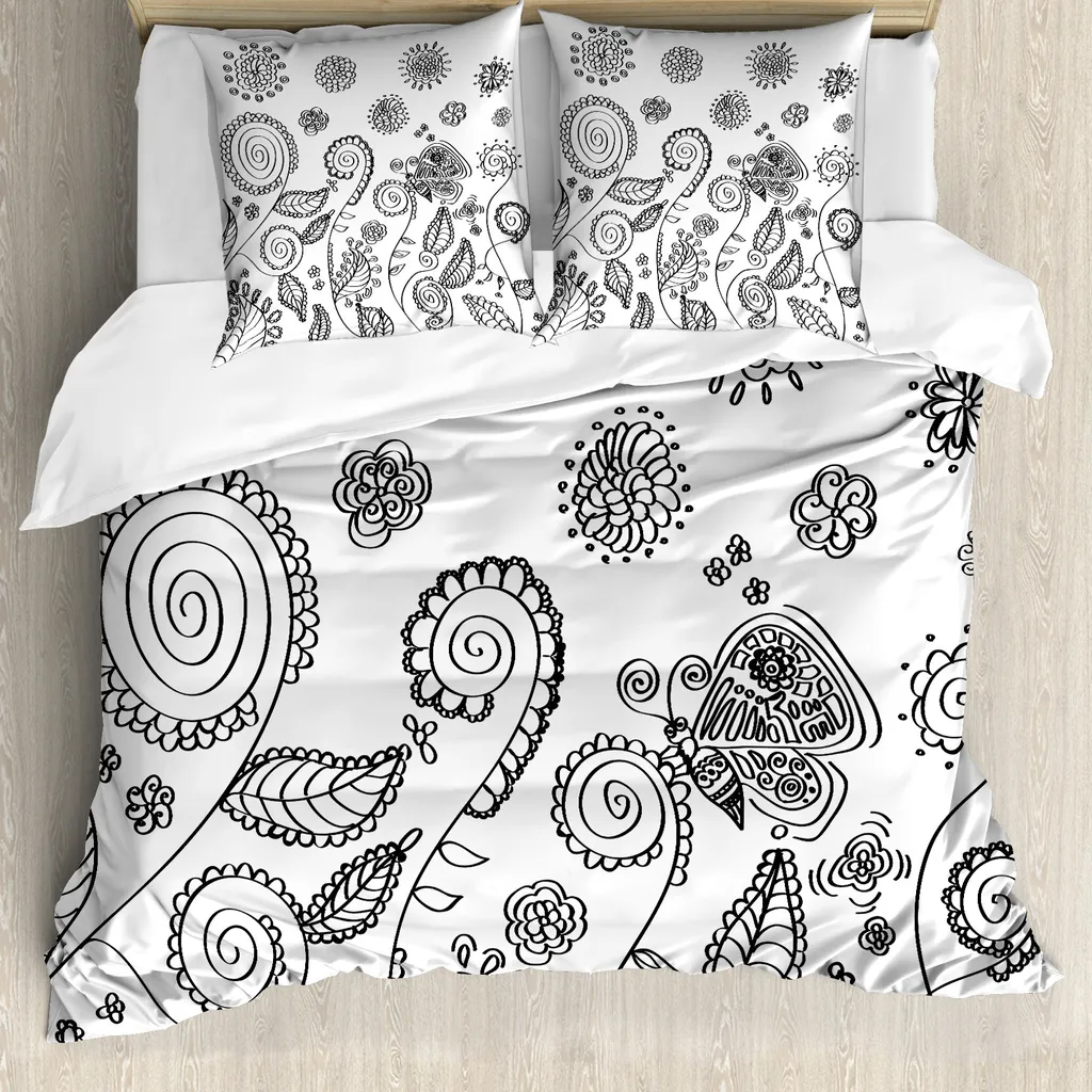 ABAKUHAUS Copripiumino con fiori, fiori vorticosi doodle, antiacaro, adatto a chi soffre di allergie, con federe, 155 cm x 220 cm - 80 x 80 cm, bianco e nero