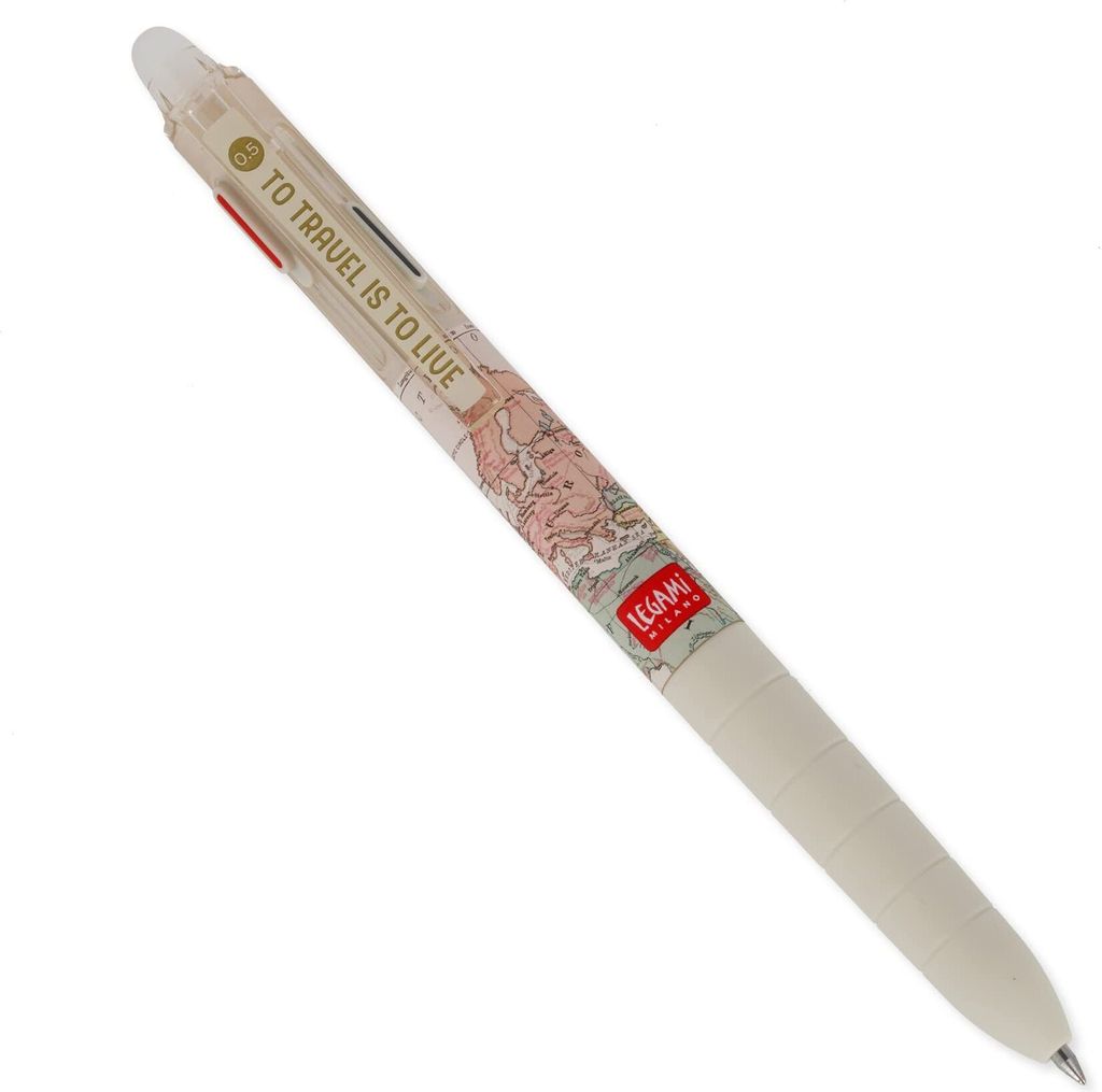 A single pen with a travel-themed design is shown against a white background.