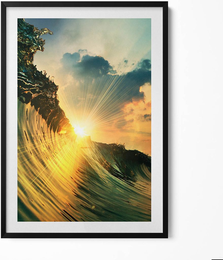 Wellen auf dem Meer und Sonnenuntergang– Wandbild mit Rahmen – Gerahmtes Bild – Wanddekoration – 70x100 cm – Schwarz Rahmen