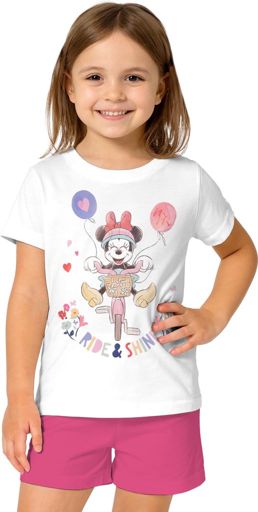 Disney Minnie Mouse Schlafanzug für Mädchen Kinder Pyjama Set Kurzarm Oberteil mit Hose Weiß/Pink 98-104