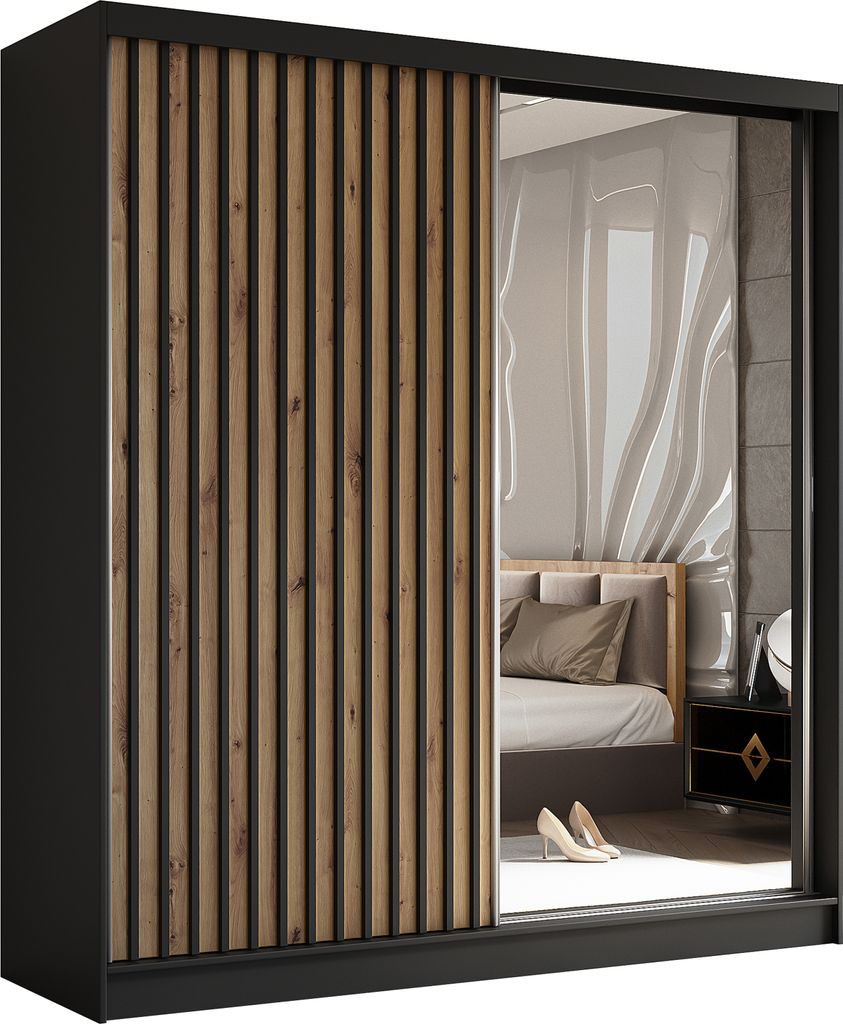 200 cm Kleiderschrank Erika mit Lamellen und Spiegel inklusive 2 Schiebetüren Schwebetürenschrank (Farbe: schwarz, Artisan, Lamelle schwarz)