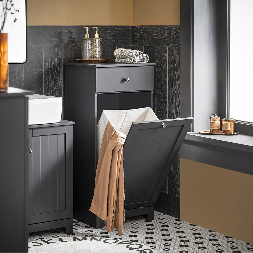 Meuble de salle de bain compact avec sac à linge rabattable gris foncé