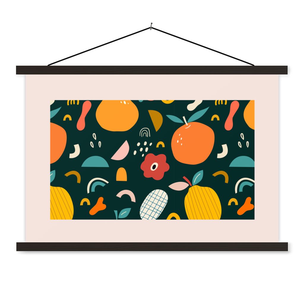 MuchoWow Textilposter Obst - Lebensmittel - Pastell - Blume - Blau 150x100 cm mit schwarzem Rahmen - Schlafzimmer