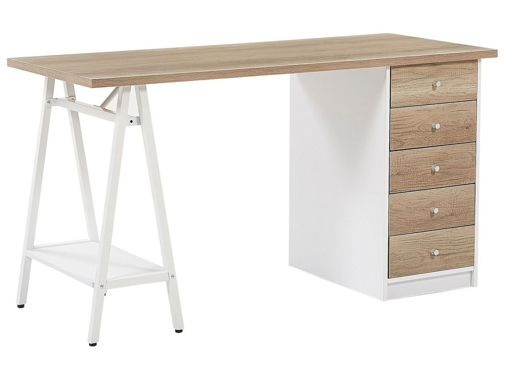 BELIANI Schreibtisch heller Holzfarbton/weiss Spannplattel 140x60 cm 5 Schubladen Büro Kinderzimmer Schule
