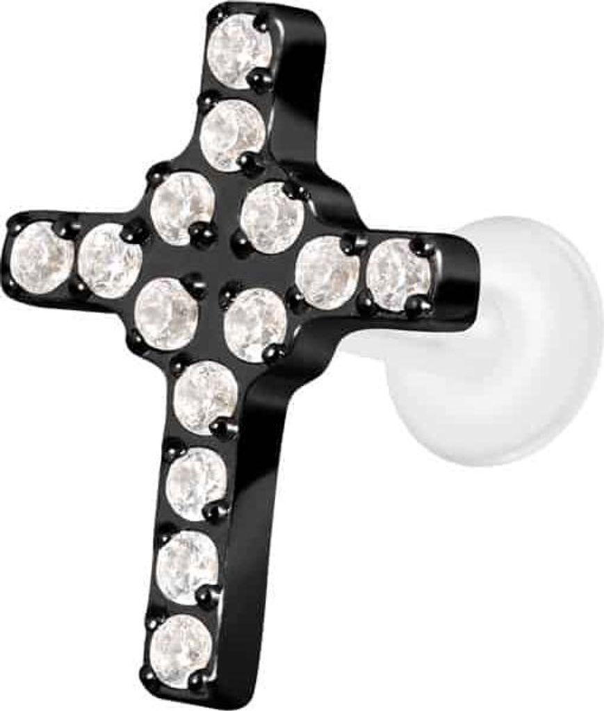 Ohrpiercing, Nasenpiercing PTFE Labret mit Innengewinde + Titan-Aufsatz KRISTALLKREUZ Schwarz Stablänge: 8mm | Stabstärke: 1,6mm