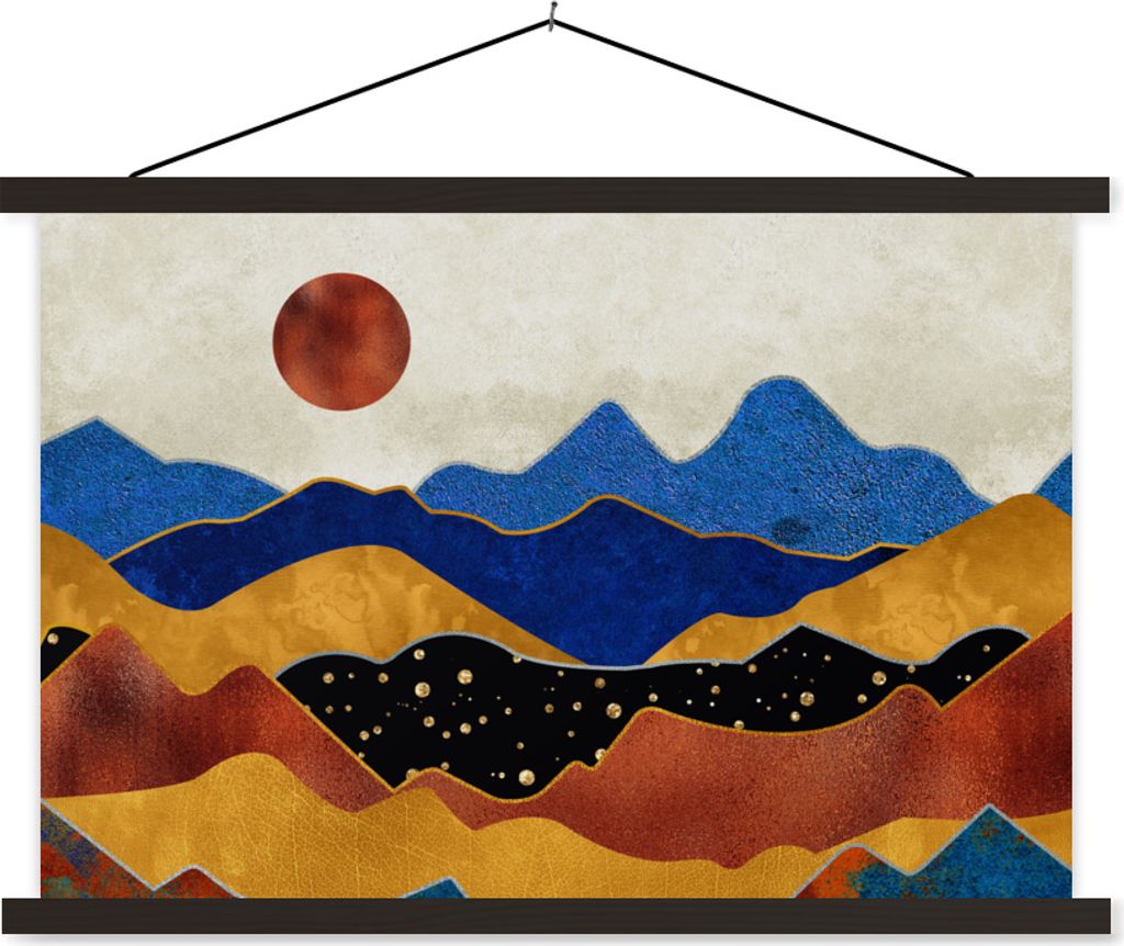 MuchoWow Textilposter Marmor - Gold - Blau 90x60 cm mit schwarzem Rahmen - Aufhängungssatz