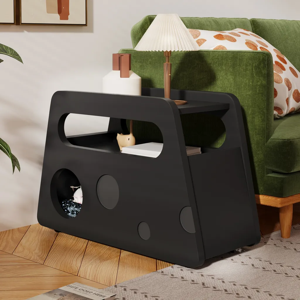 Table basse noire sans angles vifs sur roulettes pour éviter les chocs