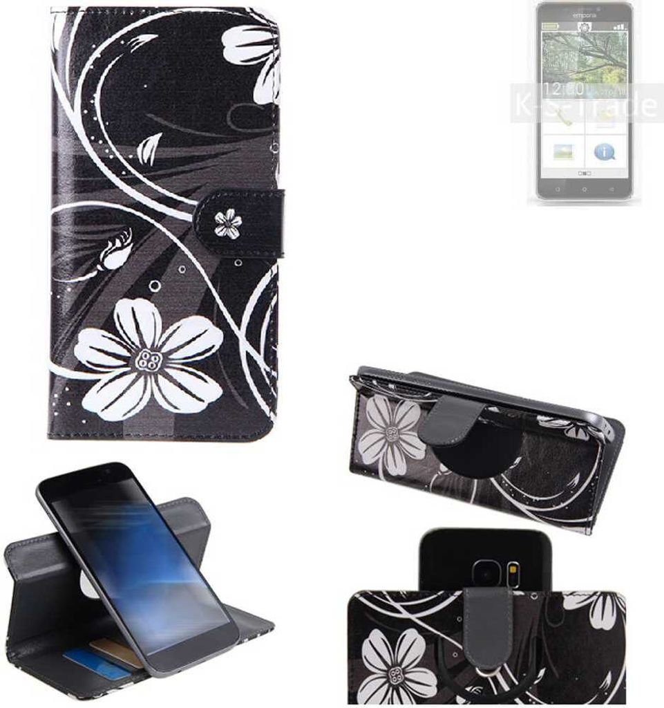 K-S-Trade Schutzhülle Handyhülle kompatibel mit Emporia SMART.2 Hülle 360° Wallet Case ''Flowers'' Klapphülle Hülle schwarz-weiß 1x