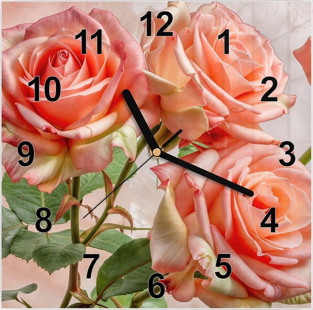Wanduhr aus Glas mit Motiv Rosen Bouquet- 30 x 30 cm - inkl. Aufhängesystem