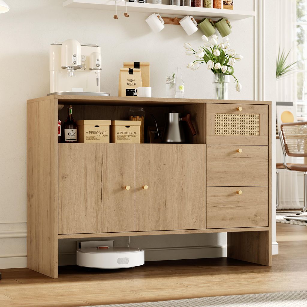Merax Sideboard Kommode, Küchenschrank mit Rattanfront, 2 Türen, 3 Schubladen, Stauraumschrank für Wohnzimmer & Küche, 105x40x76 cm, Natur