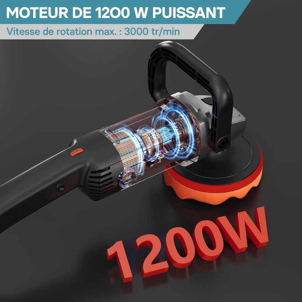 Lucidatrice Smerigliatrice 1200W - 6 Velocità Regolabili Fino A 3000 Giri/min Con 2 Tamponi - Foto 7