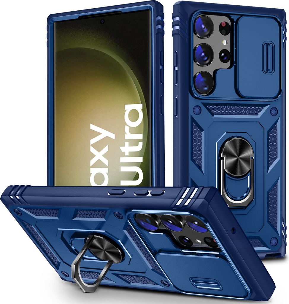 Galaxy S23 Ultra Hülle, Schiebe Kamera Schutz Robust Rüstung Schutzhülle mit Ringhalterung Ständer Kartenhalter für Samsung Galaxy S23 Ultra Blau