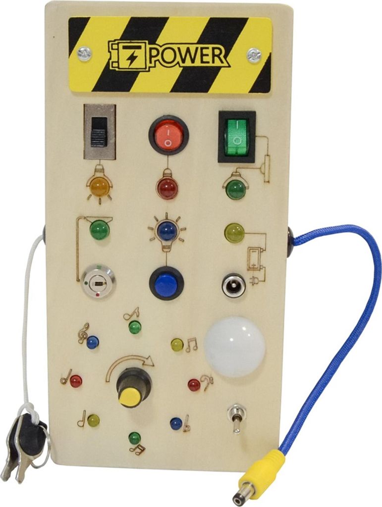 A wooden activity board with various switches, buttons, lights, and a key.