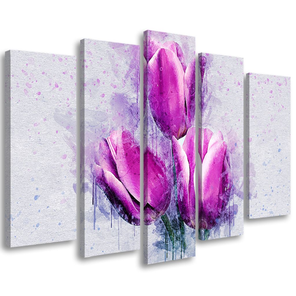 5-teiliges leinwandbild tulpenblumen rosa 150x100 cm Feeby lila wandbild bereit zum aufhängen