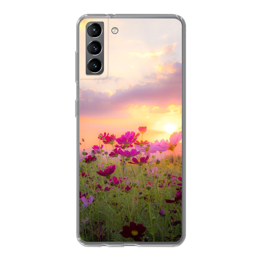 MuchoWow Handyhülle Schutzhülle Hülle für Samsung Galaxy S21 Plus Sonnenuntergang - Blumen - Rosa - Natur - Grün Silikon Softcase Handy Hül...