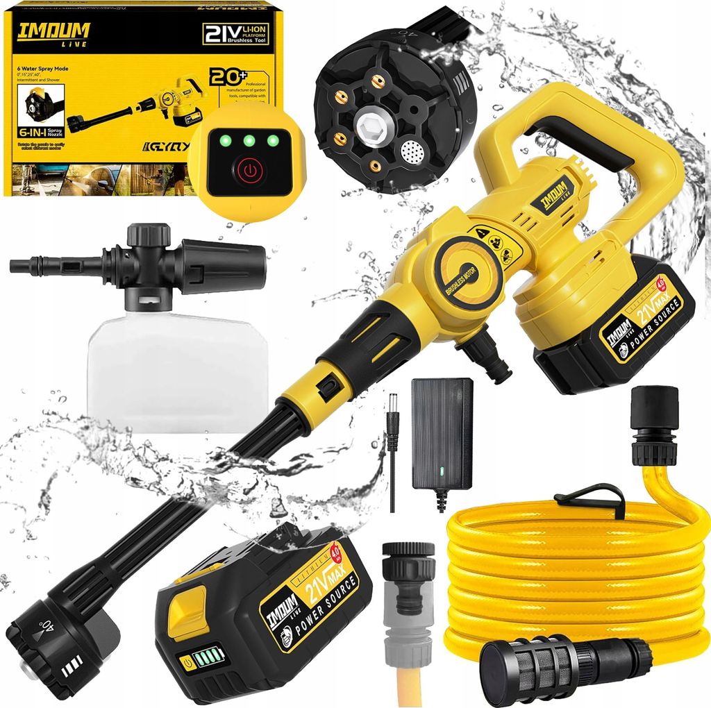 A collage of a cordless pressure washer and its accessories, with water splashes.