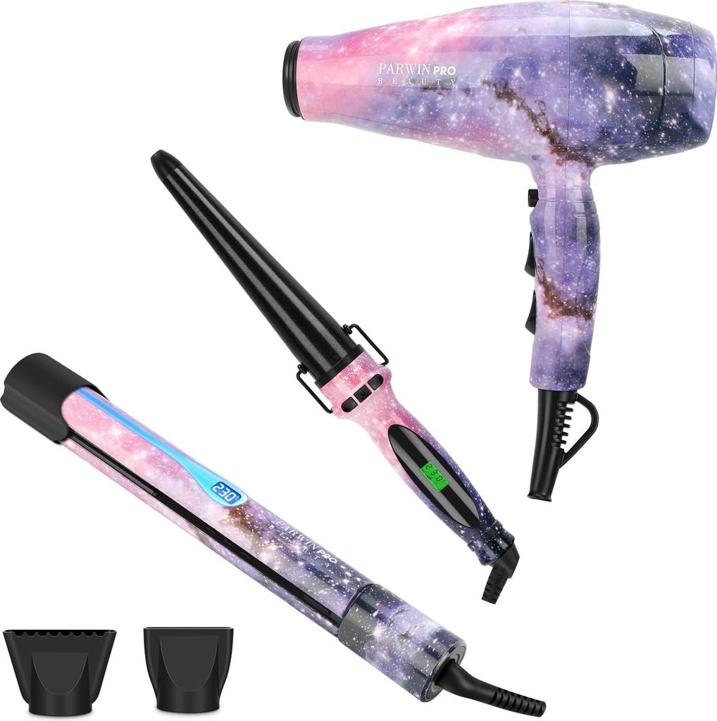 3 IN 1, Föhn + Glätteisen + Lockenstab,Ionen Haartrockner, Glätteisen Locken und Glätten, Lockenstab Konisch Geschenkset Frauen, Galaxie-Sternm...