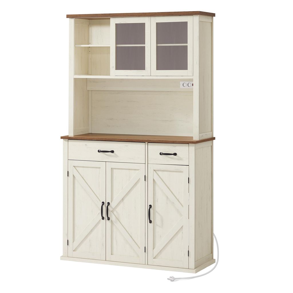 A white and brown sideboard with glass cabinet doors and wooden doors with a criss-cross pattern.